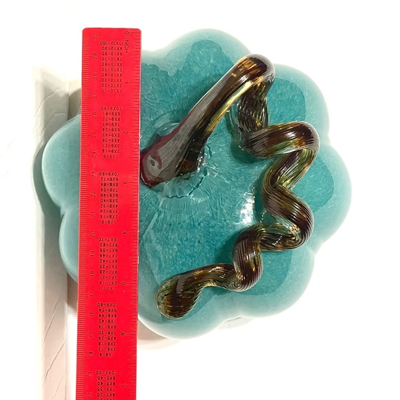 Dusty Blue Blown Glass Pumpkin With Brown Curly Stem 6" - Picture 6 of 8
